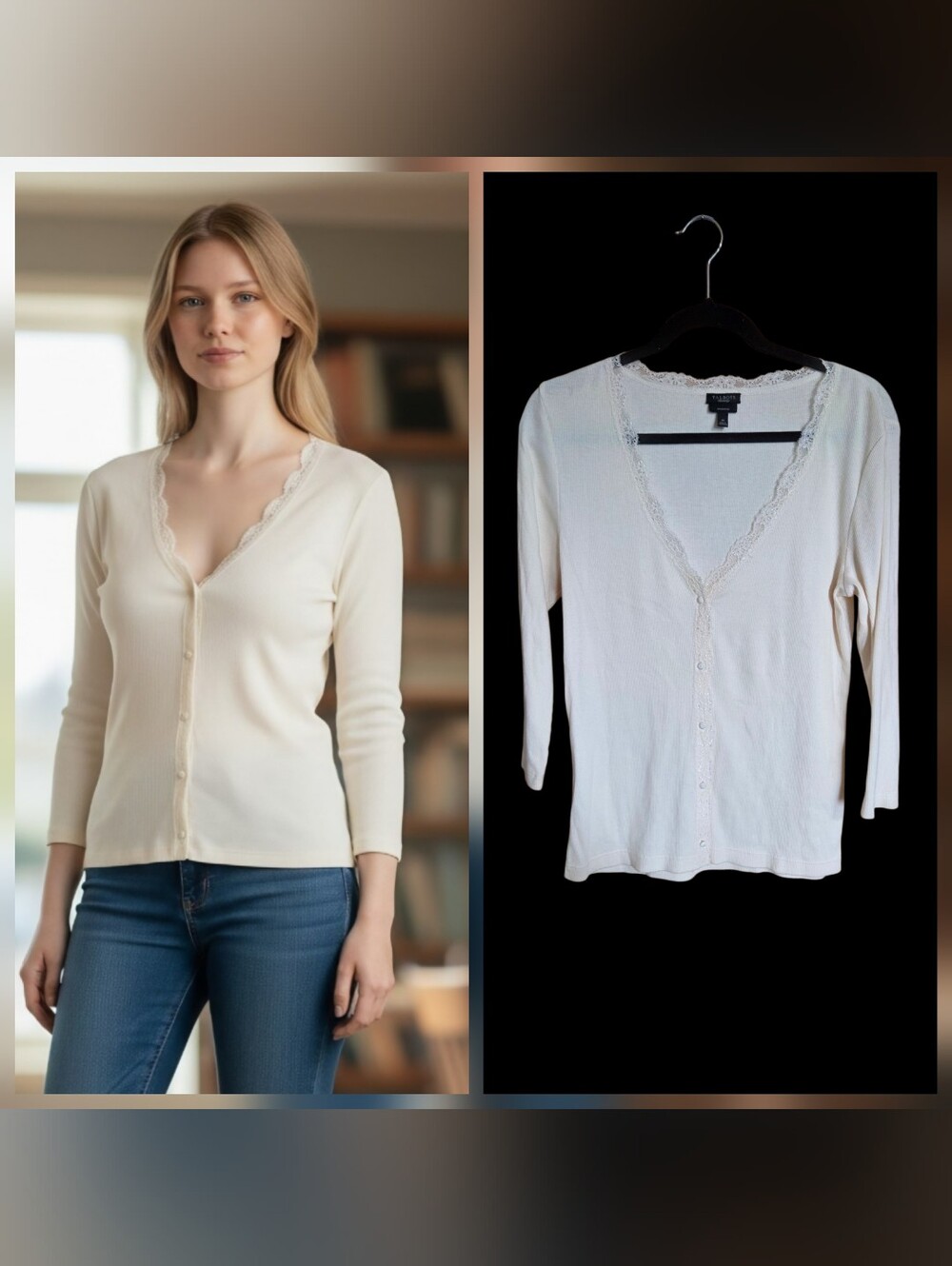 Talbots Cardigan Cream Ribbed Pima Cotton Lace Trim M Dainty Feminine Romantic